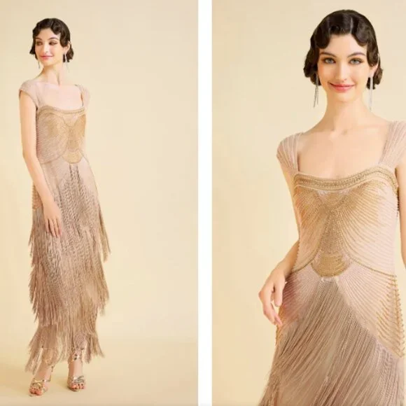Babeyond Graceful Gradient Bead Fringe Champagne Gold Flapper - Picture 1 of 6